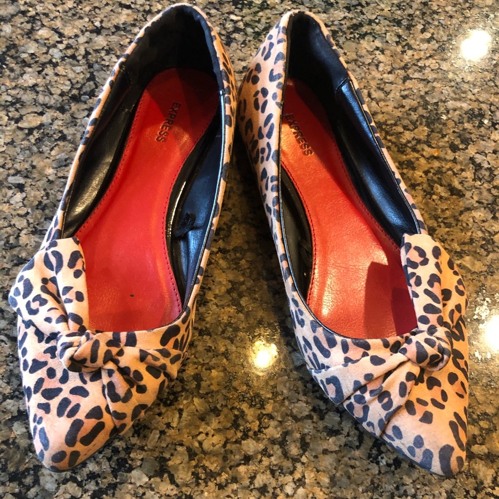 Express Leopard Print Pointed Toe Flats with Red Insole